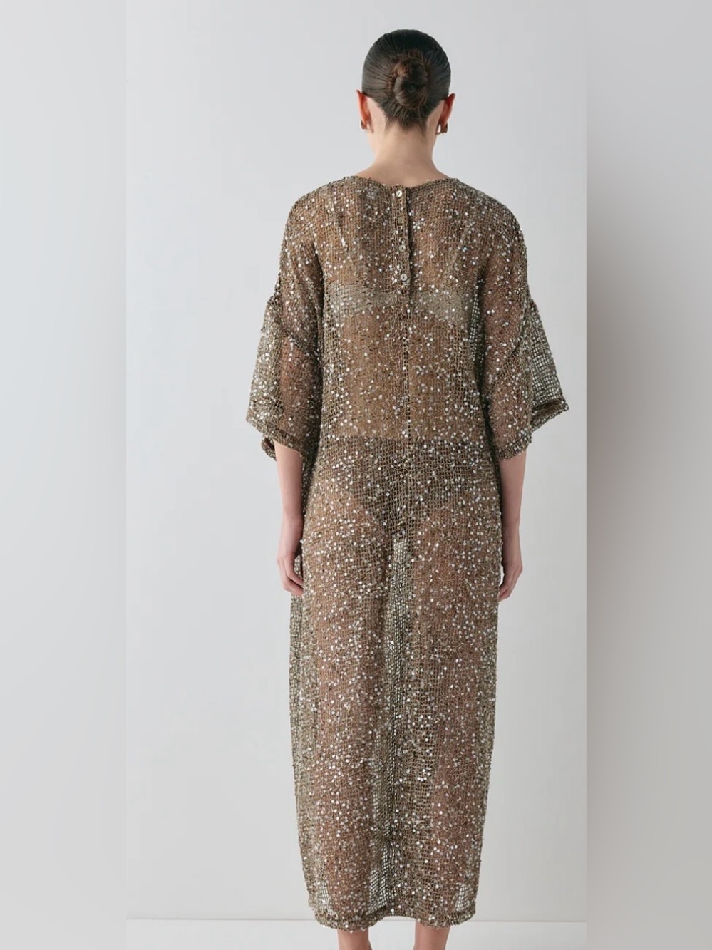 VRG GRL Ivette sheer sequin midi cover up dress in mocha - Picture 3 of 11